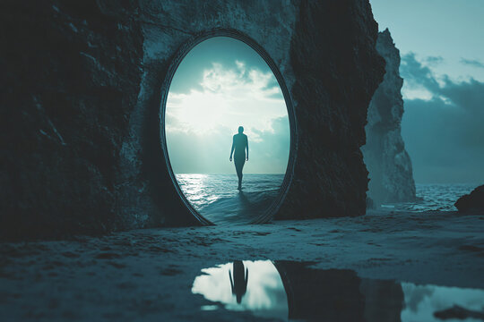 mysterious ocean view through a cave opening with a silhouette of a person walking in the distance - blue, moody, surreal, dreamy, fantasy, nature, landscape, rock, water, sea, bea