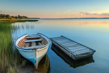 Fototapeta premium Rowboat at Wooden Dock on Calm Lake at Sunset