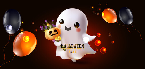 WebHalloween discount banner. Cute ghost on dark background and balloons
