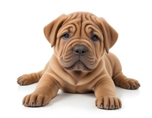 Obraz premium A young Shar Pei puppy with wrinkly skin and a cute expression, lying on a white background