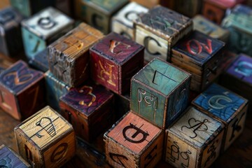 Pile of multicolored wooden alphabet blocks is laying on a wooden surface, forming random letters and numbers