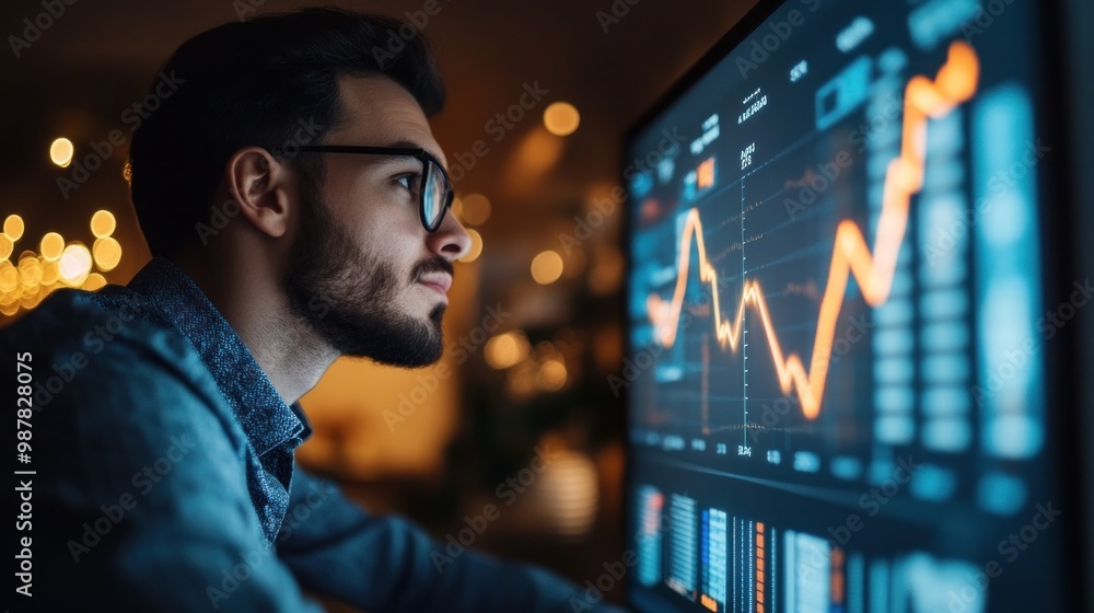 Poster a person analyzing data on a computer screen with financial graphs and statistics.