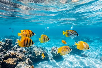 Fototapeta premium Vibrant tropical fish swimming in coral reef. Colorful underwater scene.