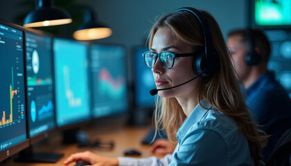 Focused female IT technician in a modern office, assisting with technology and data inquiries.






