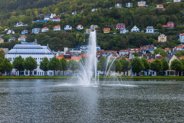 Public park with a fountain in Bergen, Norway.