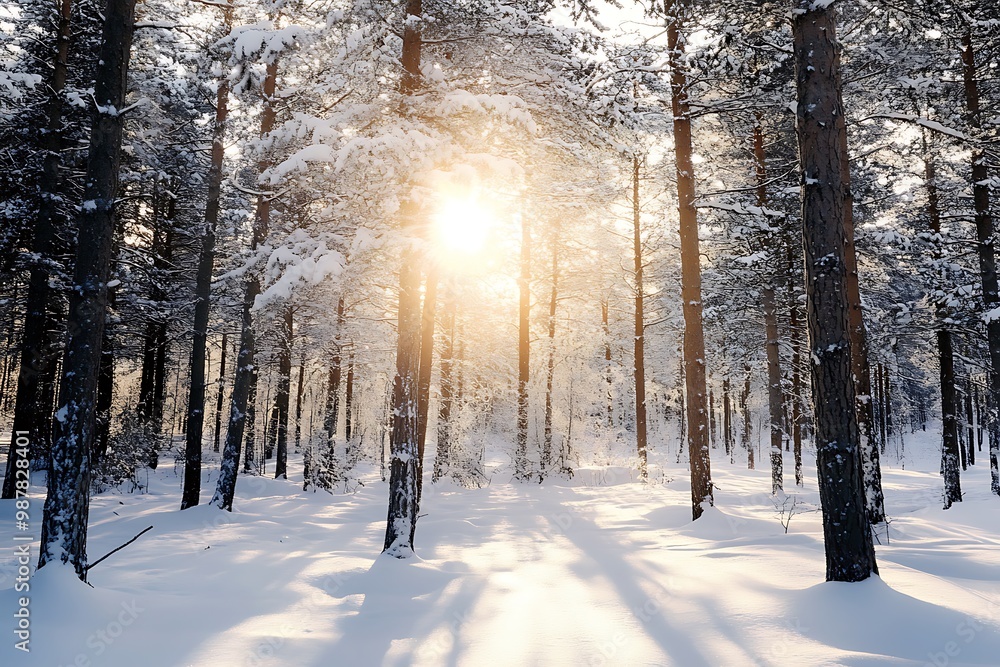 Canvas Prints Winter Forest Sunrise with Sun Rays Shining Through Trees