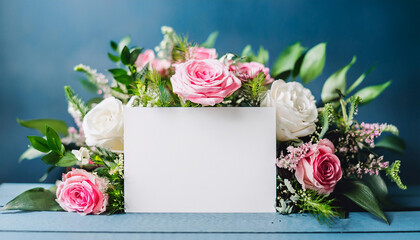Charming bouquet of roses with vibrant greenery and blank white note card against blue backdrop.