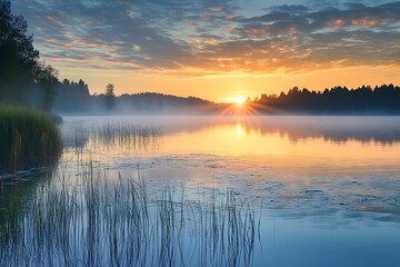 Fototapeta premium Peaceful sunrise over a foggy lake with trees and reeds