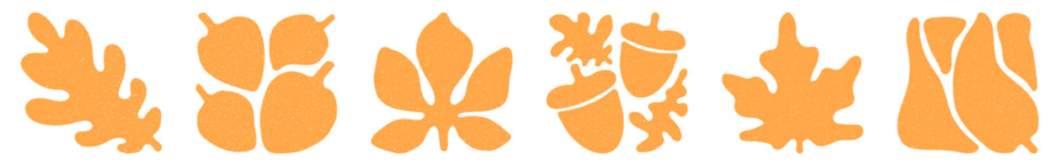 Autumn leaves groovy prints set isolated on transparent background. Hand drawn abstract naive floral stickers, clip art vintage grainy stippling texture. Modern retro Matisse style vector illustration © ugguggu