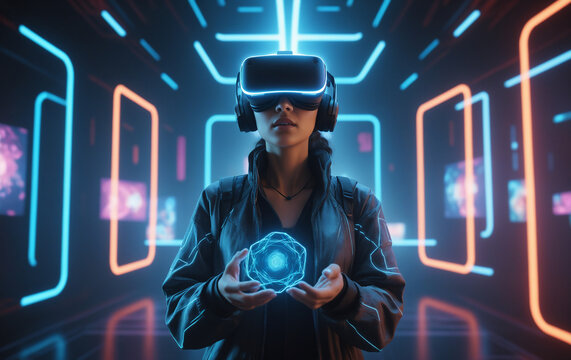 Mujer con casco de realidad virtual en el metaverso ciberpunk