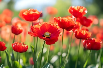 Obraz premium Red poppy flowers blooming in field, close up, springtime