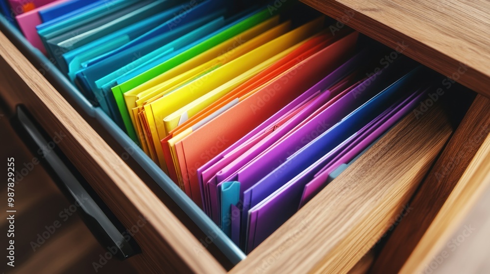 Aufkleber a drawer filled with colorful file folders organized in a neat manner.