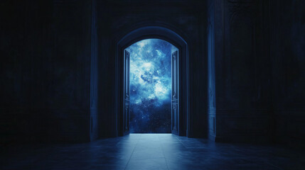 Obraz premium dark room with open doorway to night sky with stars