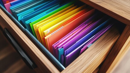 A drawer filled with colorful file folders organized in a neat manner.