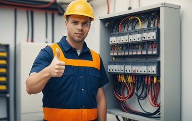 Electricista sonriente junto a un cuadro eléctrico con gesto de aprobación
