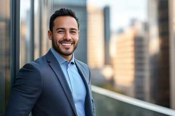 Fototapeta premium Confident Hispanic businessman smiling on a city balcony during a sunrise in an urban setting