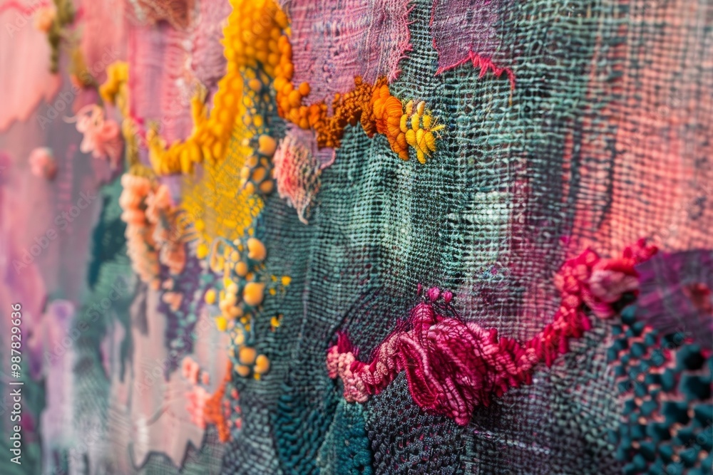 Poster close up of colorful textile art using different materials and techniques, creating a beautiful abst