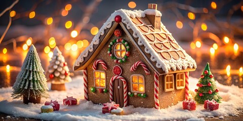 Christmas house made of cookies with decorations and garlands, on a wooden table with New Year's decorations, menu recipe