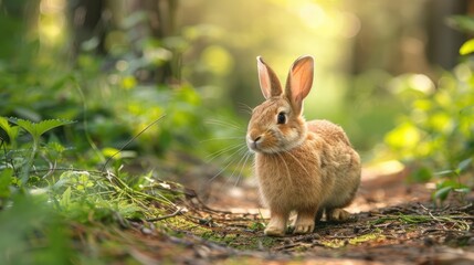 Fototapeta premium A cute brown rabbit in a forest setting, looking directly at the camera. Sunlight filters through the trees.