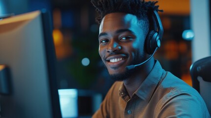 Obraz premium A smiling man wearing a headset at a computer, engaged in work or communication.