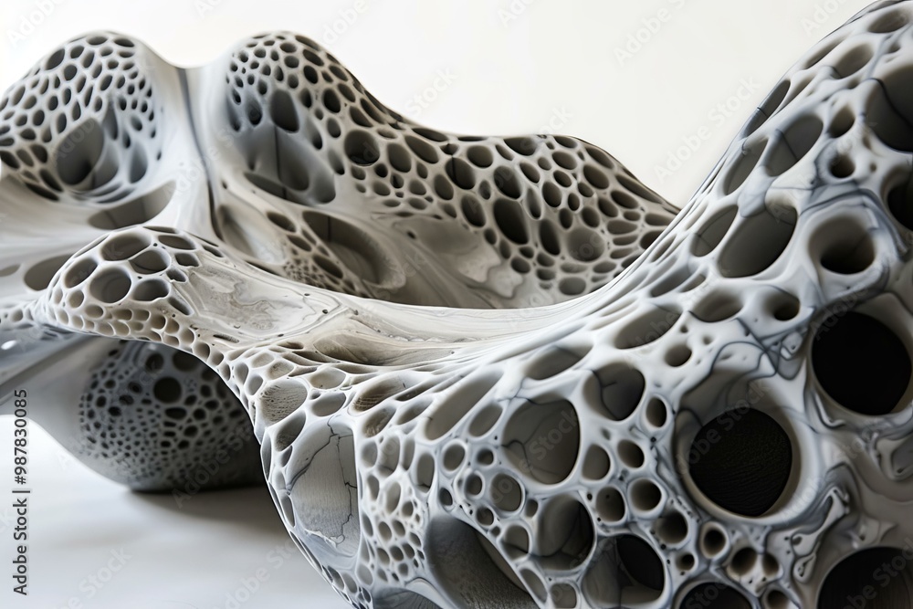 Poster abstract organic porous structure with holes and cavities, creating an intricate and captivating des