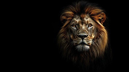 Fototapeta premium A majestic lion's face against a dark background, showcasing its powerful gaze and mane.