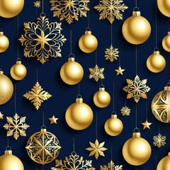 A festive pattern featuring gold ornaments and snowflakes against a dark blue background.