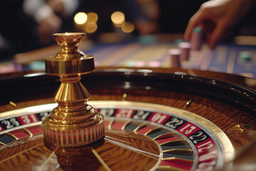 Obraz premium Excitement at the roulette table as players place their bets in a lively casino atmosphere