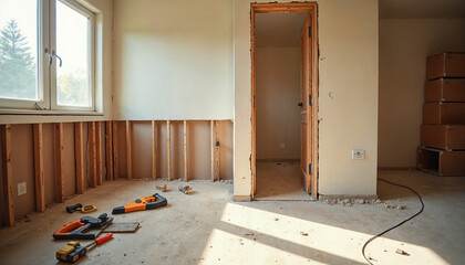 Kitchen renovation scene with old sheetrock removal and new cabinets awaiting installation.







