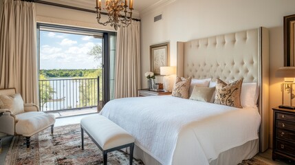 Fototapeta premium Luxurious Bedroom with Lake View and Upholstered Bed