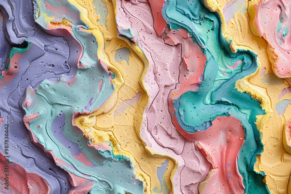 Poster abstract textured background of colorful foam clay creating wavy shapes with glitter