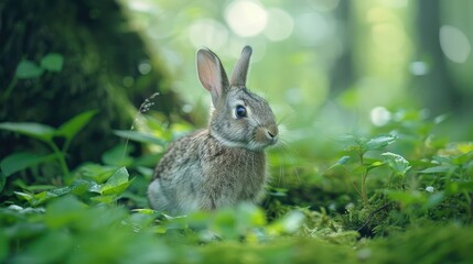A cute brown rabbit sits amidst lush green foliage, its ears perked up and eyes wide with curiosity.