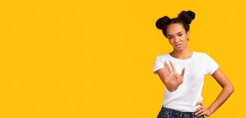 Refusal Concept. Serious african american girl rejecting proposition, saying no to bad deal offer....