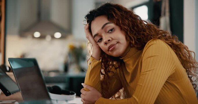 Tired, woman and thinking with remote work in home for freelance job, deadline and overtime. Frustrated, author and exhausted with sigh by laptop for fiction storytelling, novel and writers block