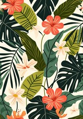 Seamless tropical floral pattern with pink flowers, green leaves, and a white background.