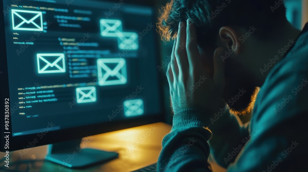 Poster a person stressed while looking at a computer screen displaying emails and code.