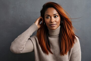Thoughtful Portrait of a Young Biracial Woman with Rich Chestnut Strands in a Cozy Turtleneck Sweater