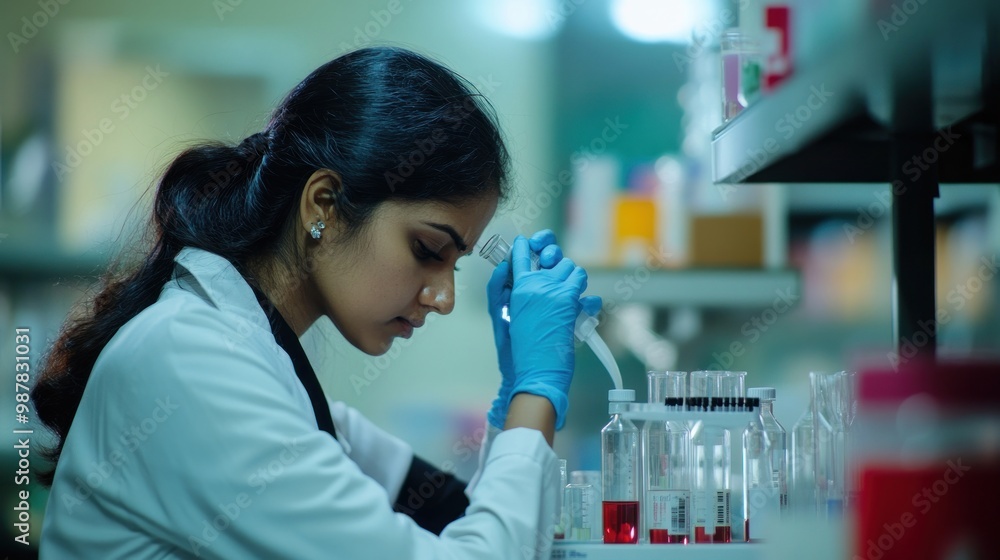 Poster a scientist in a lab meticulously conducts experiments with pipettes and test tubes.