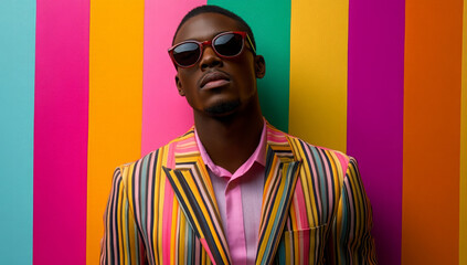 Obraz premium Young male model posing with trendy man fashion outfit and colorful optical art abstract background.