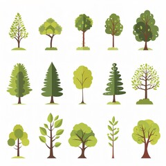 Set of 15 flat design trees in different shapes and sizes.