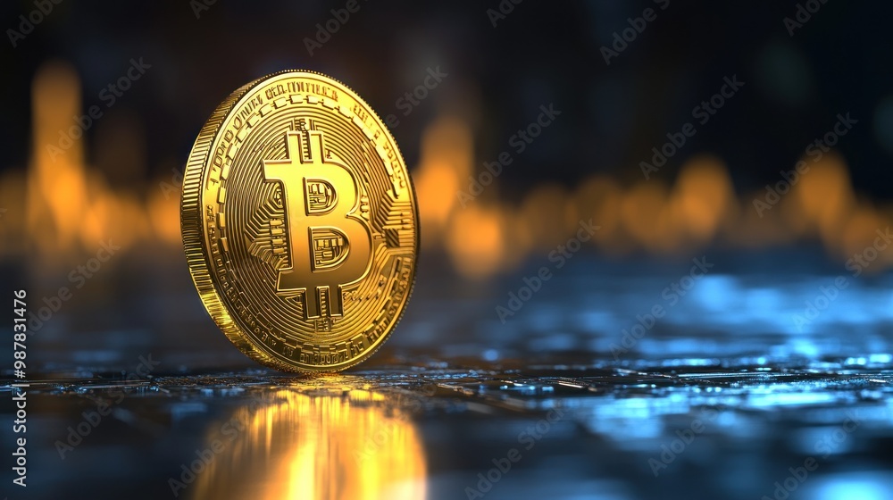 Poster a shiny bitcoin coin stands on a reflective surface with a glowing background.