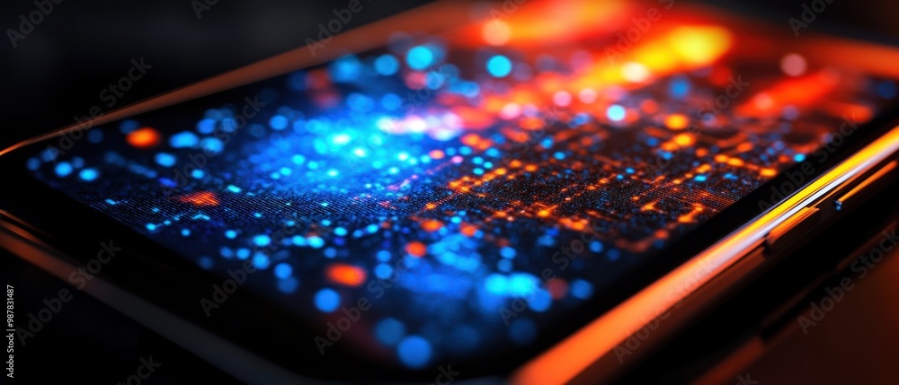Poster a close-up of a smartphone screen displaying vibrant, colorful digital patterns.