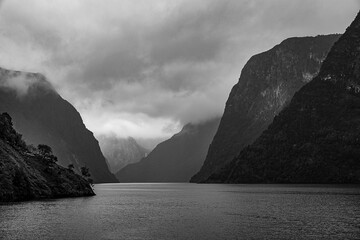 A rainy and overcast day in the Flam fjords of Aurlandsfjord and Naeroyfjord, Norway.