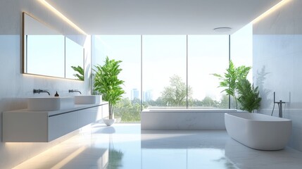 Fototapeta premium Modern bathroom with large windows, plants, and a serene view.