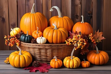 Beautiful Autumn Still Life with Pumpkins in a Rustic Wooden Setting for Thanksgiving