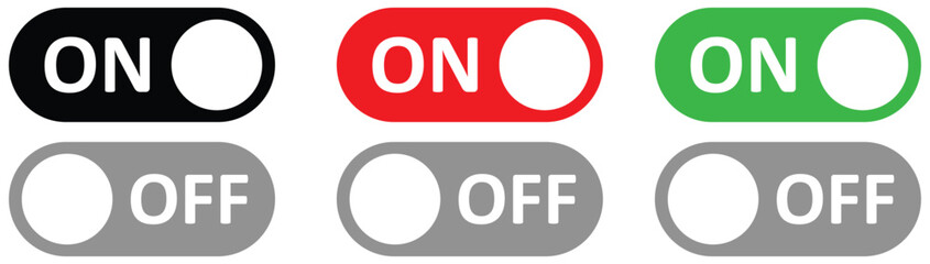 On and Off toggle switch buttons. Switch buttons ON OFF isolated. Modern web and mobile app switch button interface elements.
