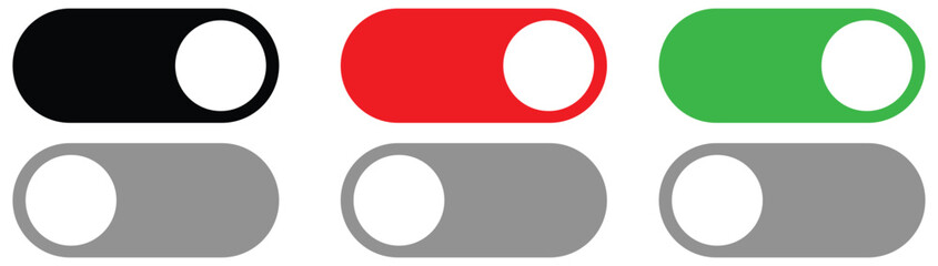 On and Off toggle switch buttons. Switch buttons ON OFF isolated. Modern web and mobile app switch button interface elements.