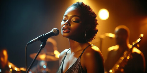 Woman singer singing jazz song in the nightclub in glamorous lighting.