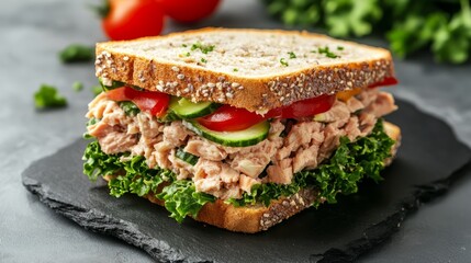 Tuna sandwich with mayo and vegetables on gray stone background.