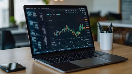 A laptop displaying financial data and charts on a wooden desk with office elements.